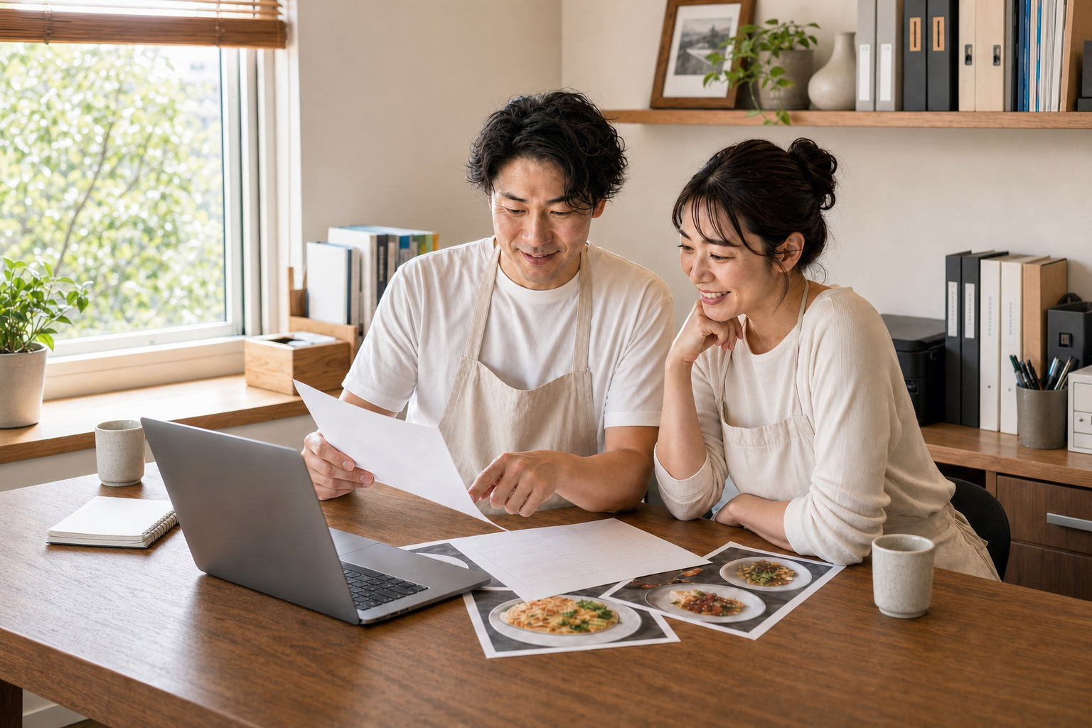小さな事務スペースでメニュー案と料理写真を確認するピッツェリア経営者の夫婦