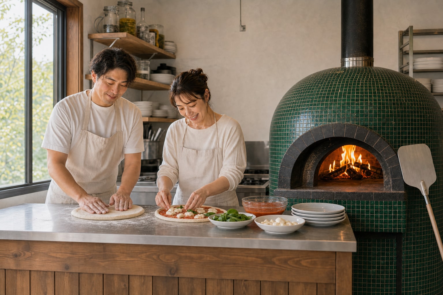ピザ窯の隣にある調理台で一緒にピザを作る夫婦